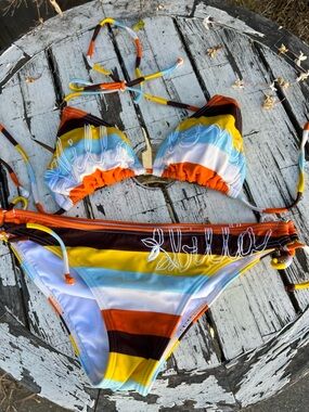 Billabong Women's Striped Triangle Bikini - Yellow, Orange, Blue, Brown, White